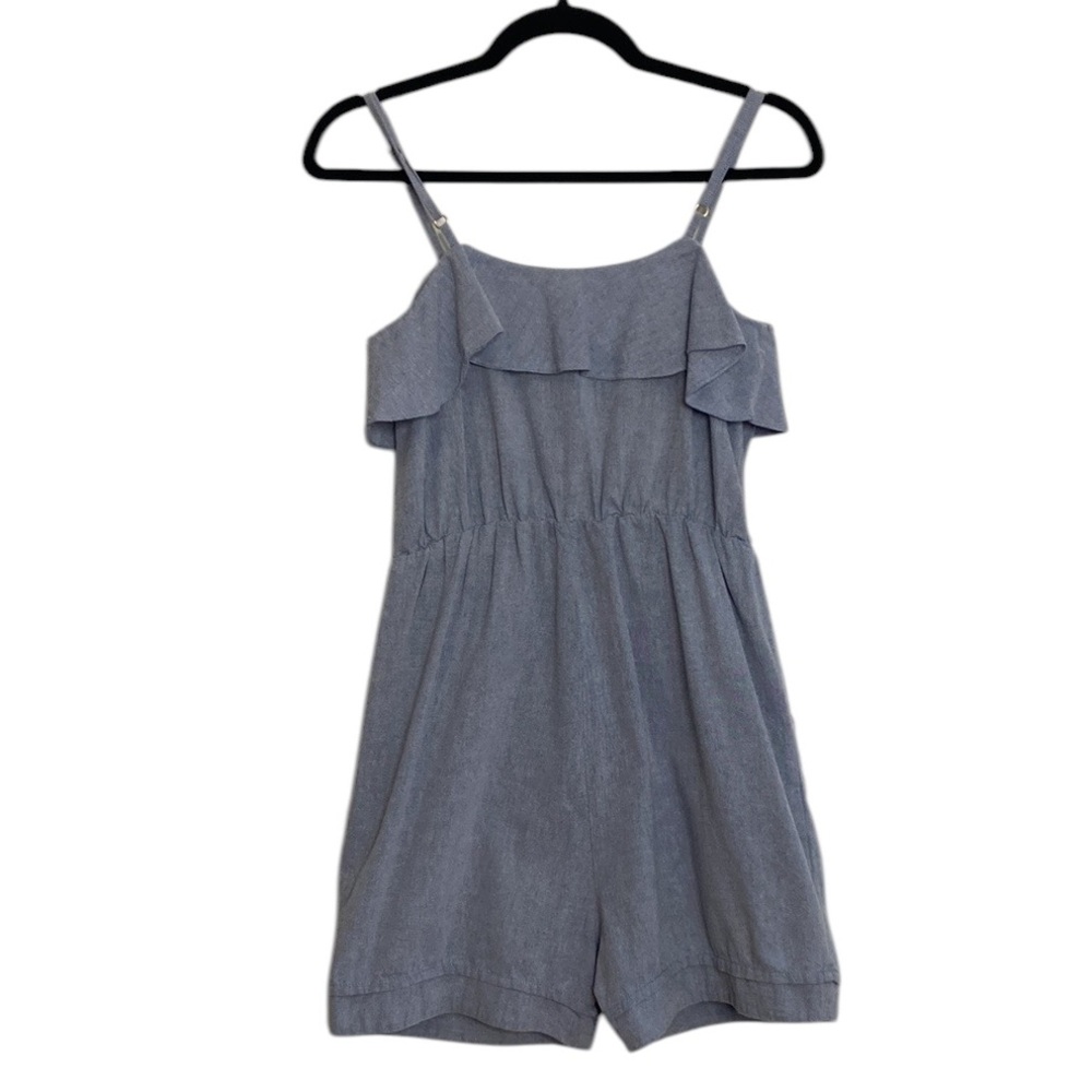 Farm Rio Romper Womens Size P XS Small Blue Chambray Cotton Sleeveless Ruffle